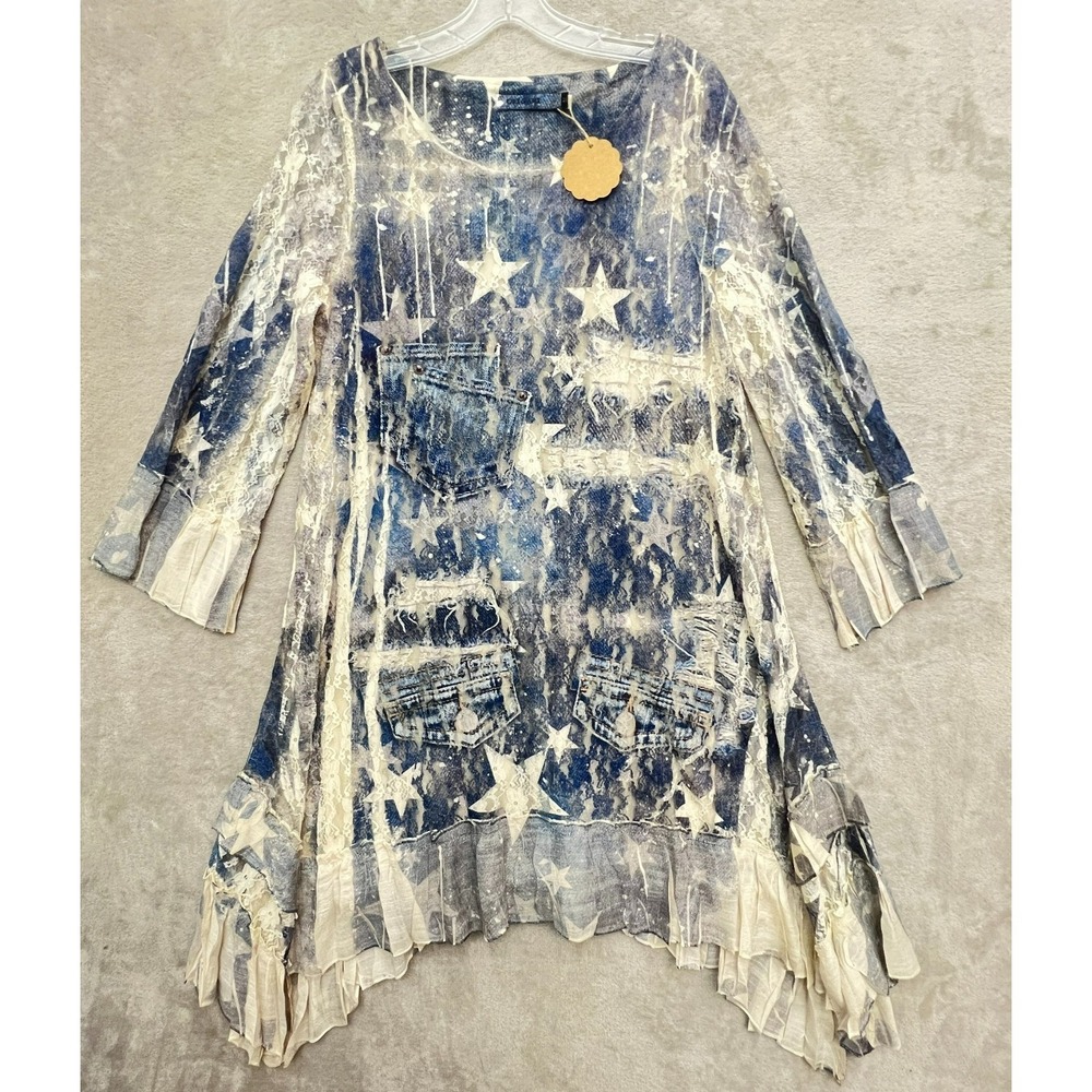 Origami by Vivian M Lined Lace Asymmetrical Ruffle Hem Dress Boho Art to Wear‎